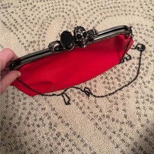 Red Skull-Accent Leather Clutch with Chain Strap